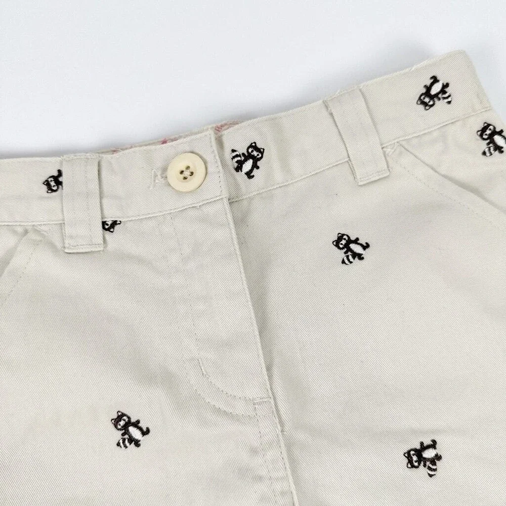 LL Bean Bermuda Shorts Girls Size 4‎ Khaki Raccoon Embroidered Cotton Twill NWT